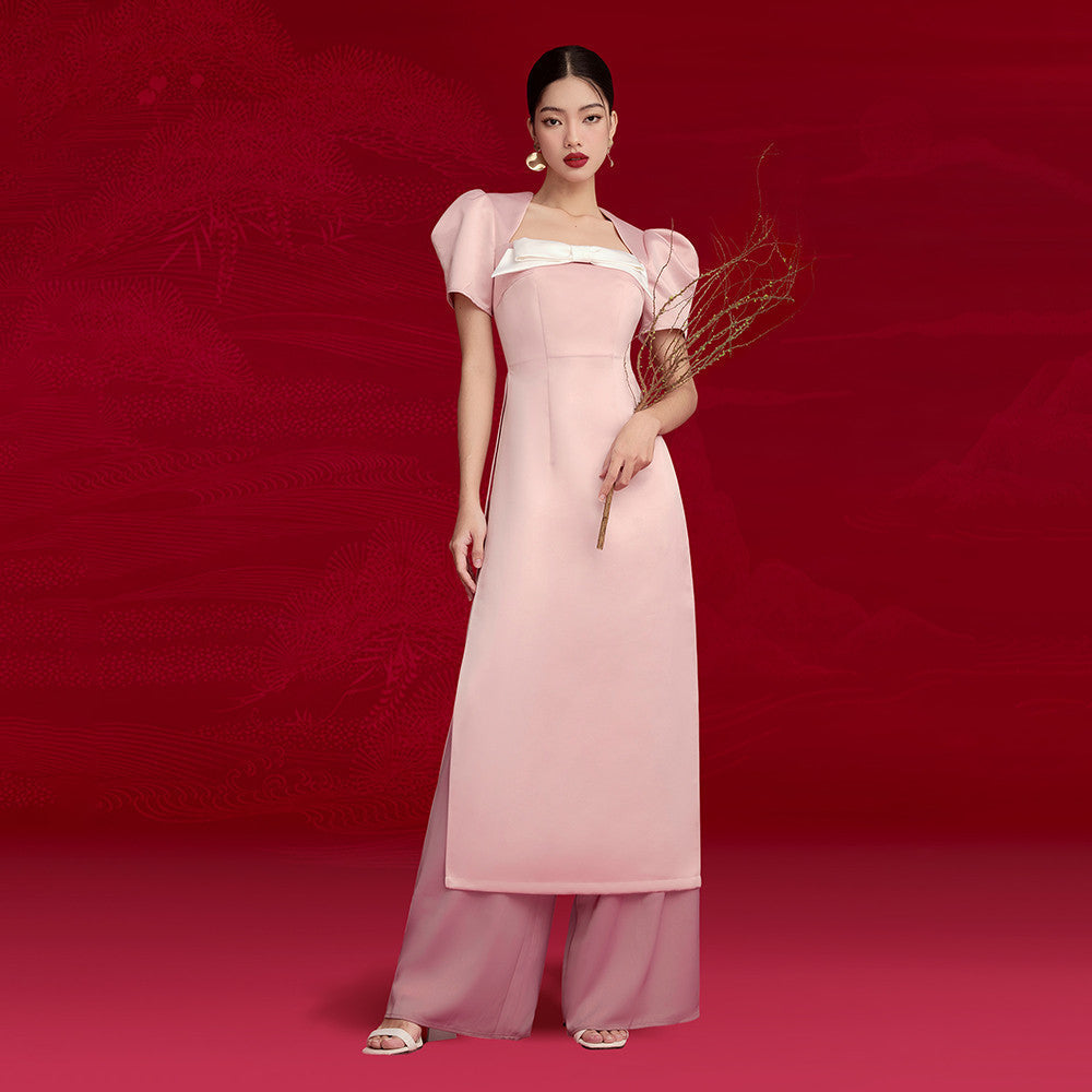 [BUY SHIRT AND GET PANTS] RECHIC Knitting Ao Dai with puffed sleeves and elegant square neck bow