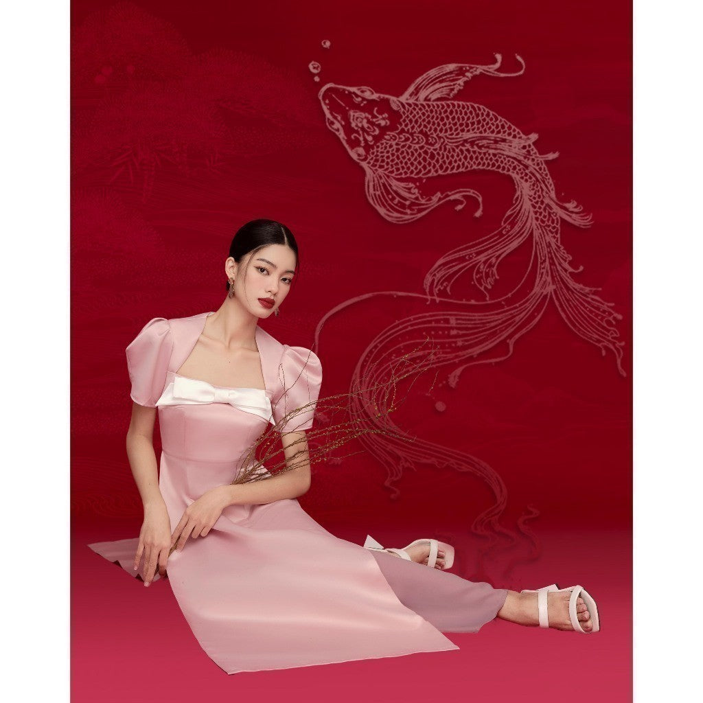 [BUY SHIRT AND GET PANTS] RECHIC Knitting Ao Dai with puffed sleeves and elegant square neck bow