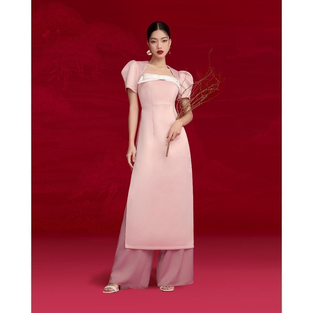 [BUY SHIRT AND GET PANTS] RECHIC Knitting Ao Dai with puffed sleeves and elegant square neck bow