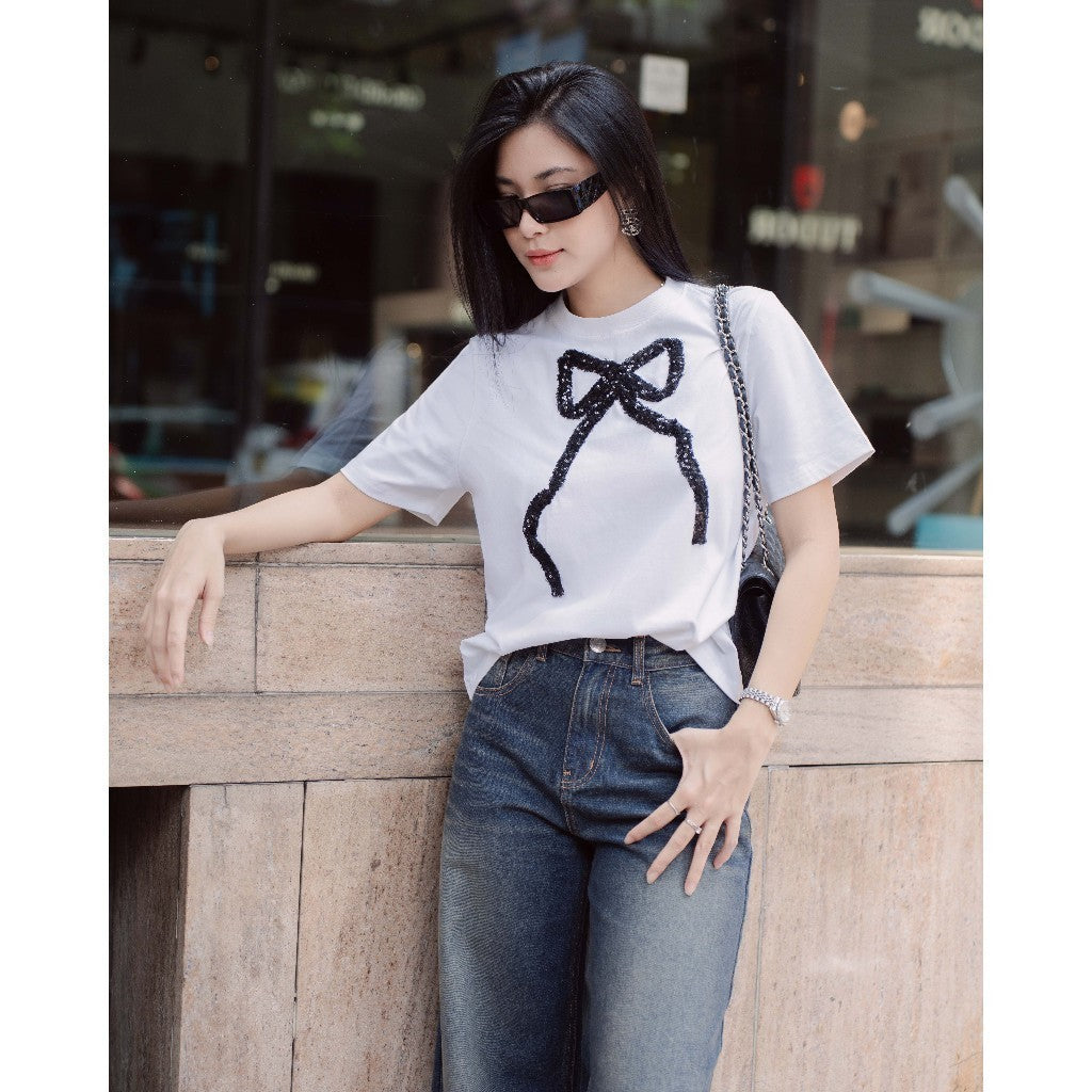 RECHIC Basic short-sleeved loose-fit Fannie t-shirt with trendy bow pattern