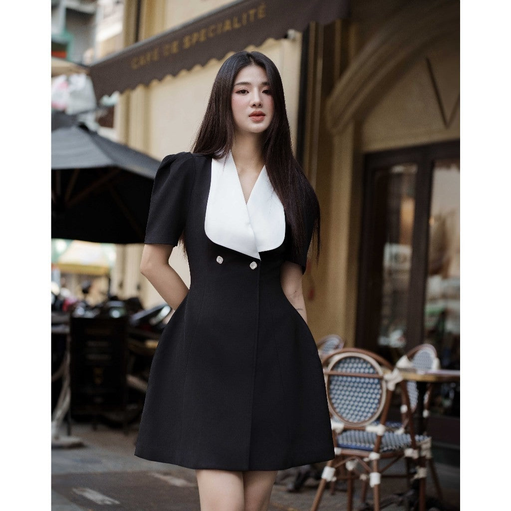 RECHIC V-neck Shiba dress with puffed sleeves and elegant button waist