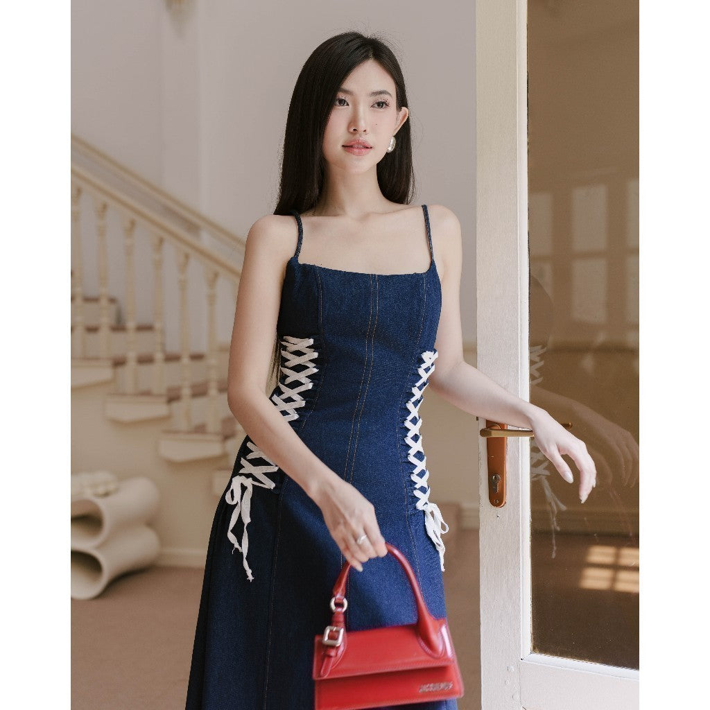 RECHIC Monie jean dress with flared two-strap style with drawstring at the waist, luxurious personality 