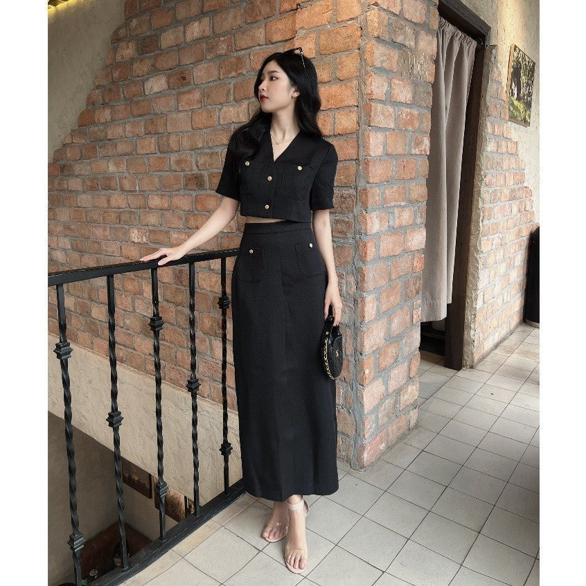 RECHIC Lyna women's A-line long skirt with slit and two pockets, suitable for elegant work