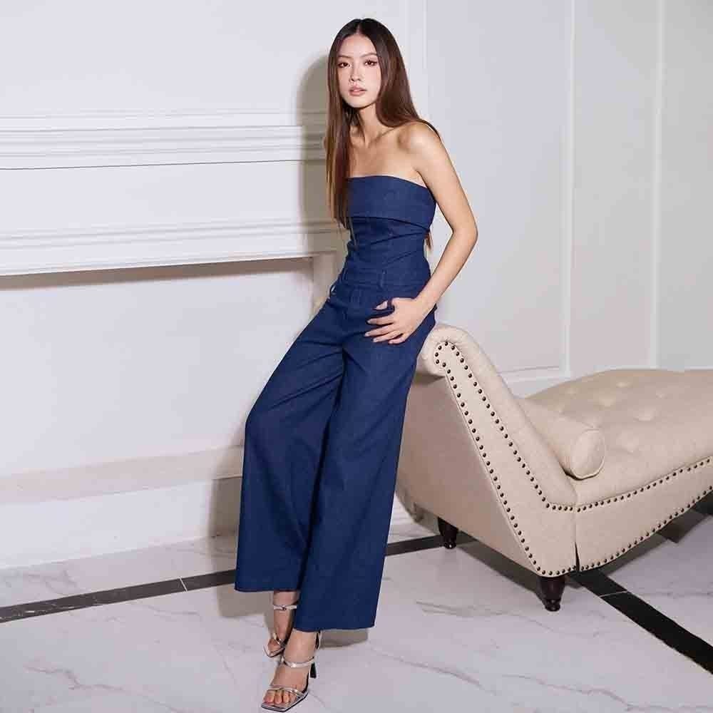 RECHIC Jumpsuit cúp ngực Mory quần dáng suông rộng hack dáng sang trọng