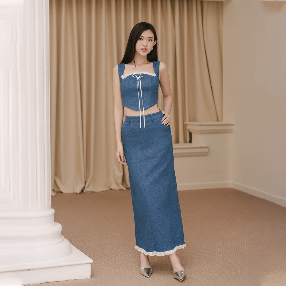 RECHIC Rymy women's crop top and jean skirt set with long A-line slit and two pockets, so luxurious and elegant