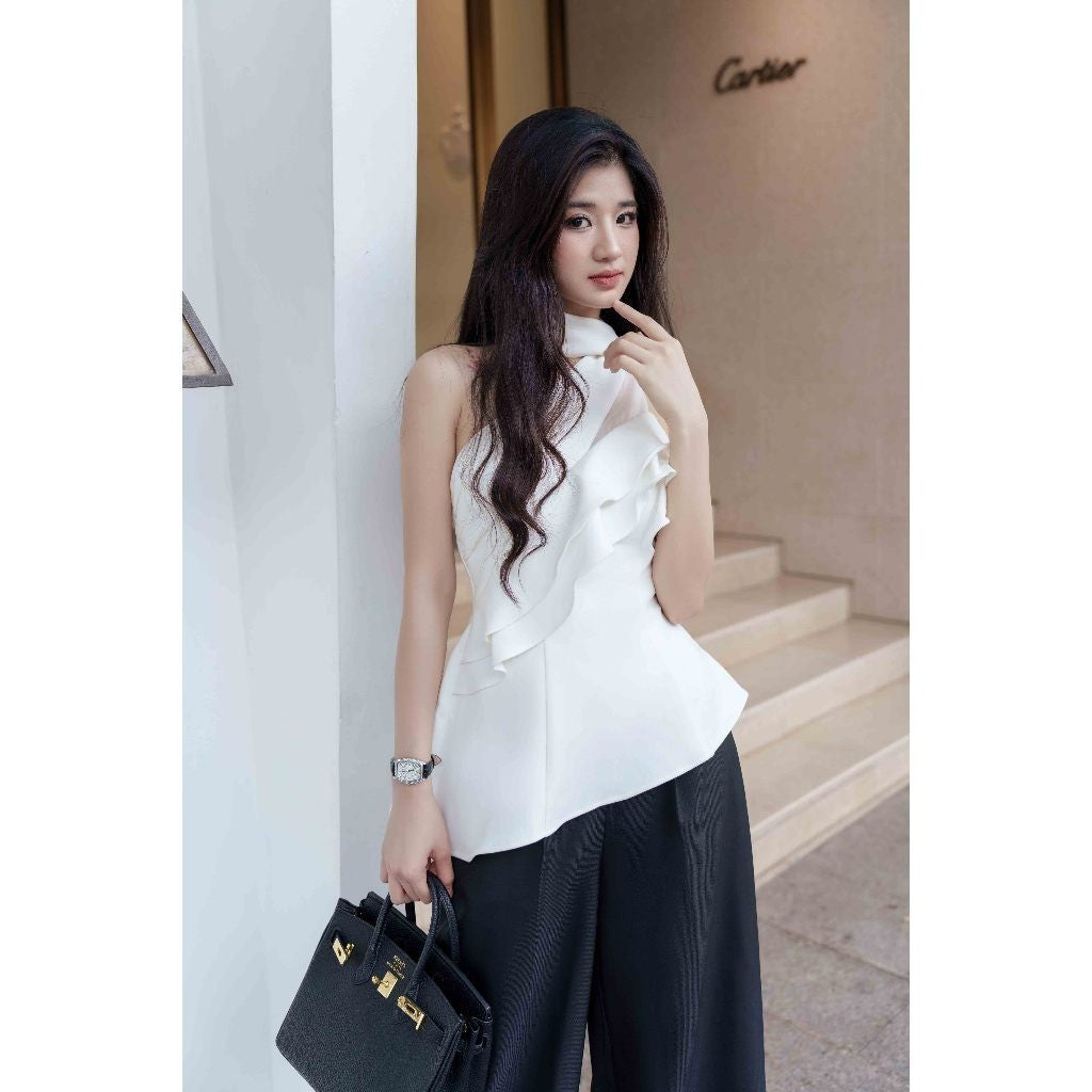 RECHIC Wuyn style shirt with cutout neck design, pleated chest and elegant cross-dress