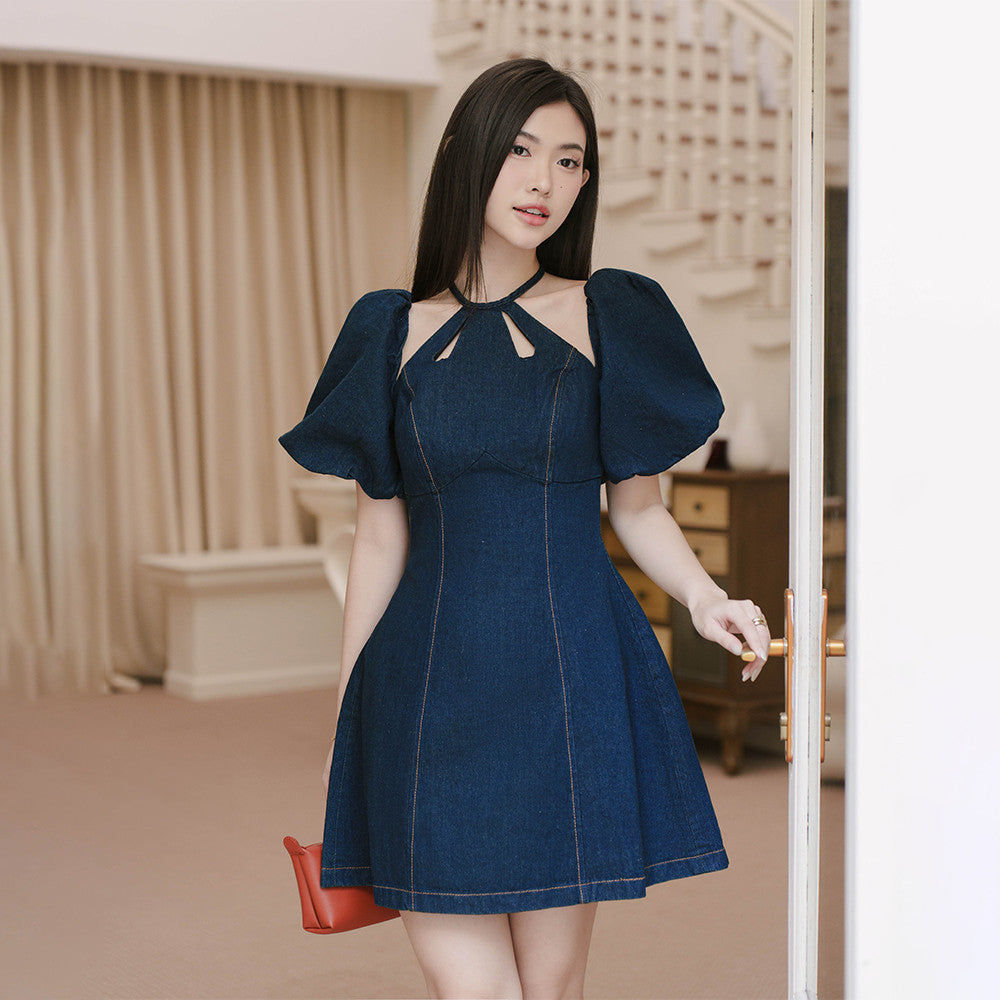 RECHIC Miu denim dress with stylized halter neck and elegant basic A-shaped sleeves