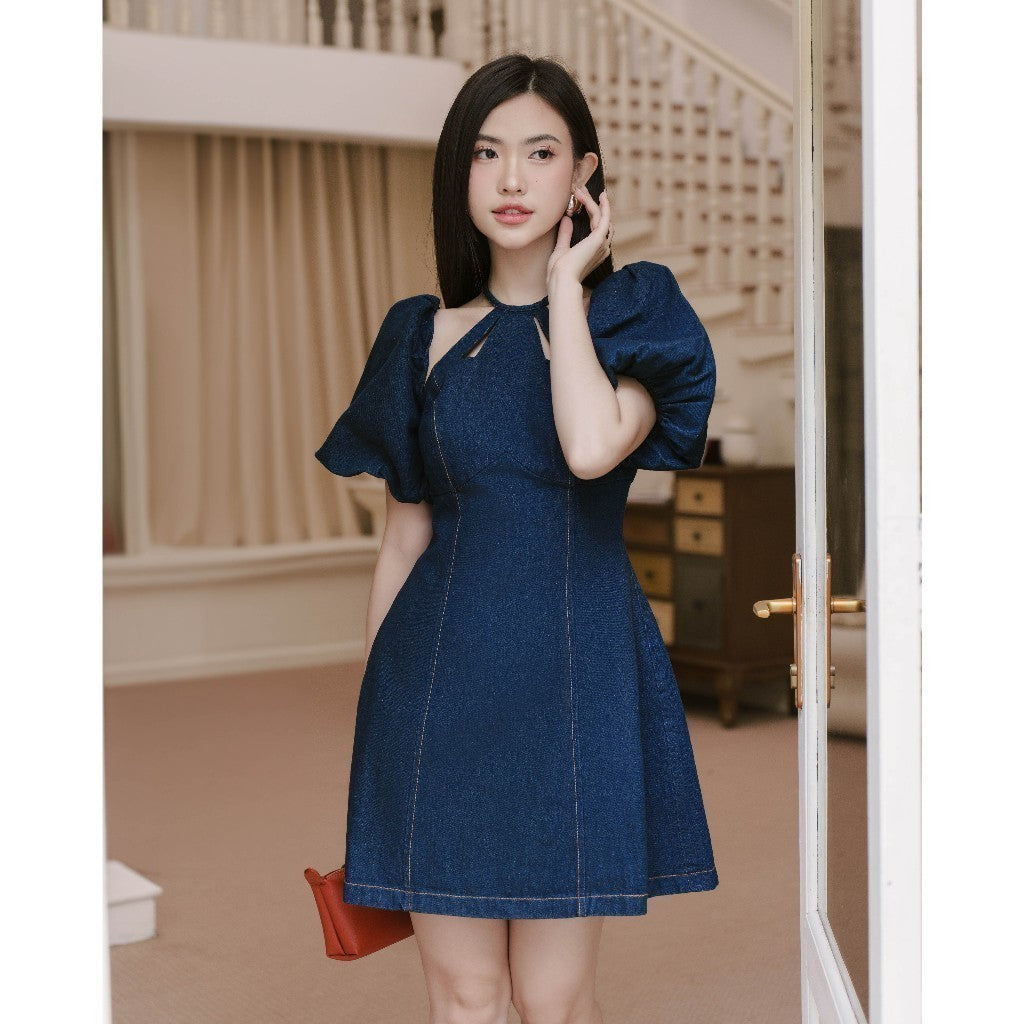 RECHIC Miu denim dress with stylized halter neck and elegant basic A-shaped sleeves