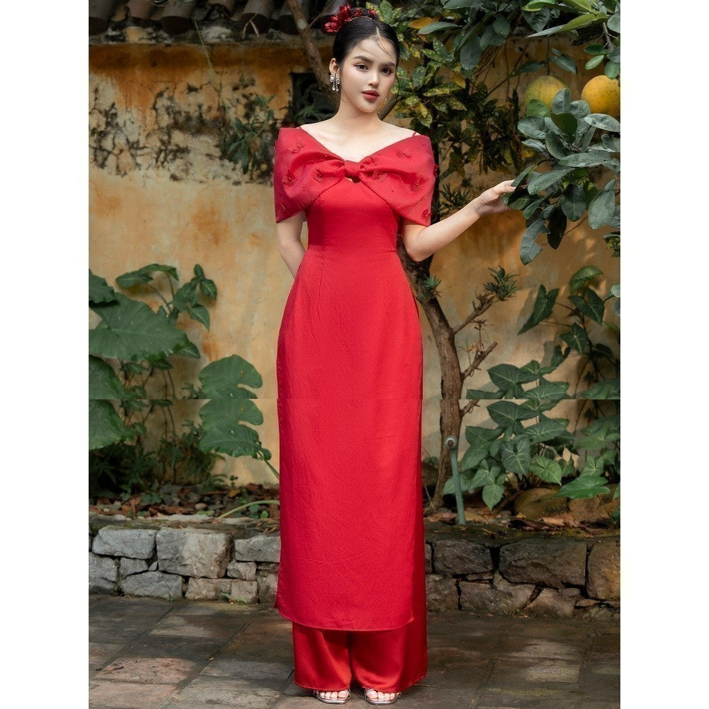 RERCHIC Red Ao Dai made of elegant Hong Kong silk