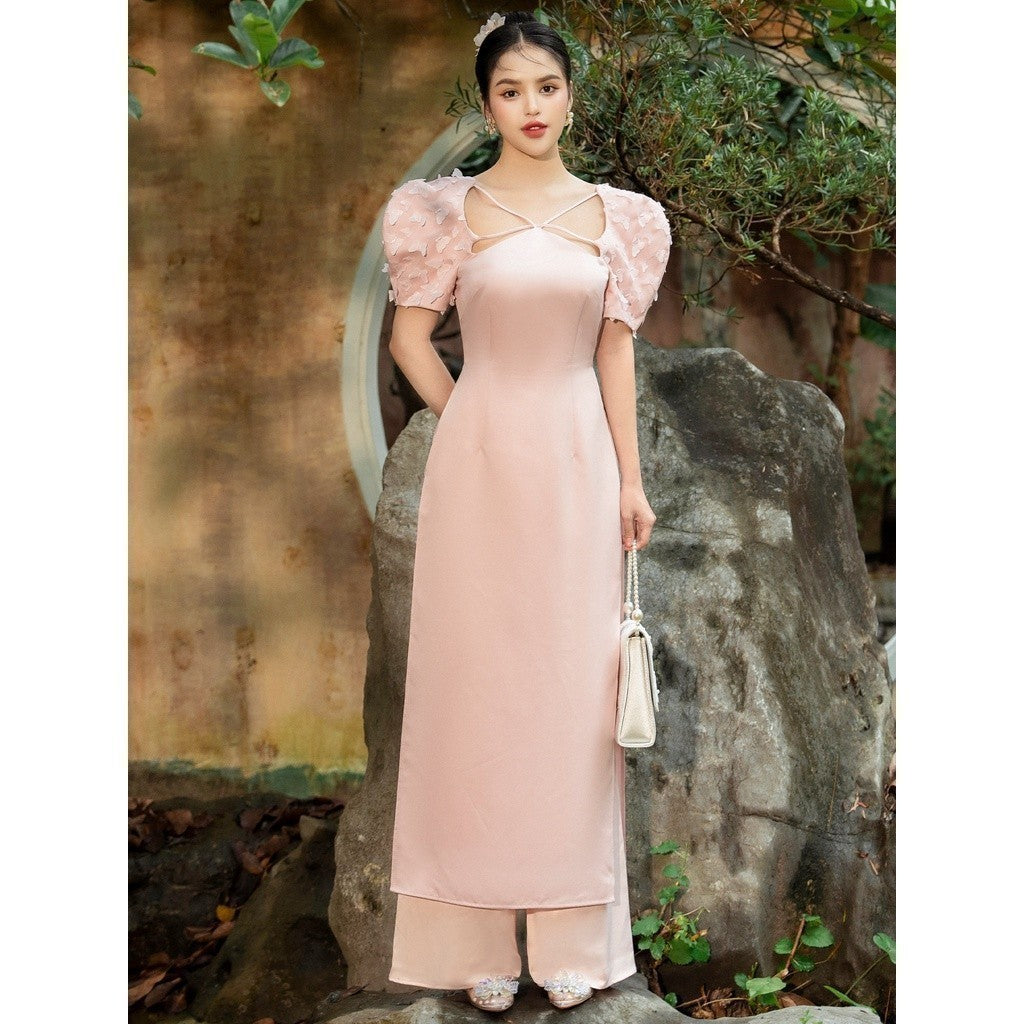 RERCHIC Ao Dai in light pink and elegant Hong Kong silk