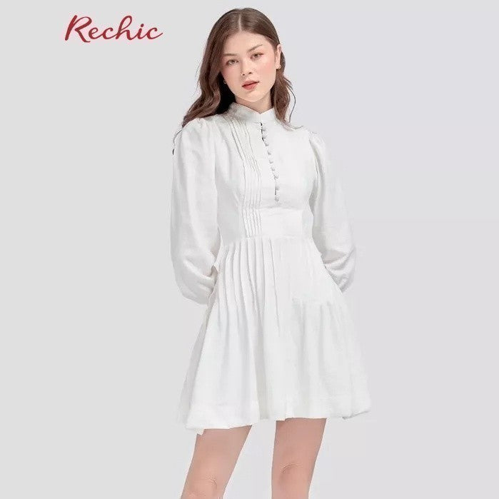 RECHIC White Andera Lady's Dress with round neck, puffy sleeves and pleated waist, cute and smooth