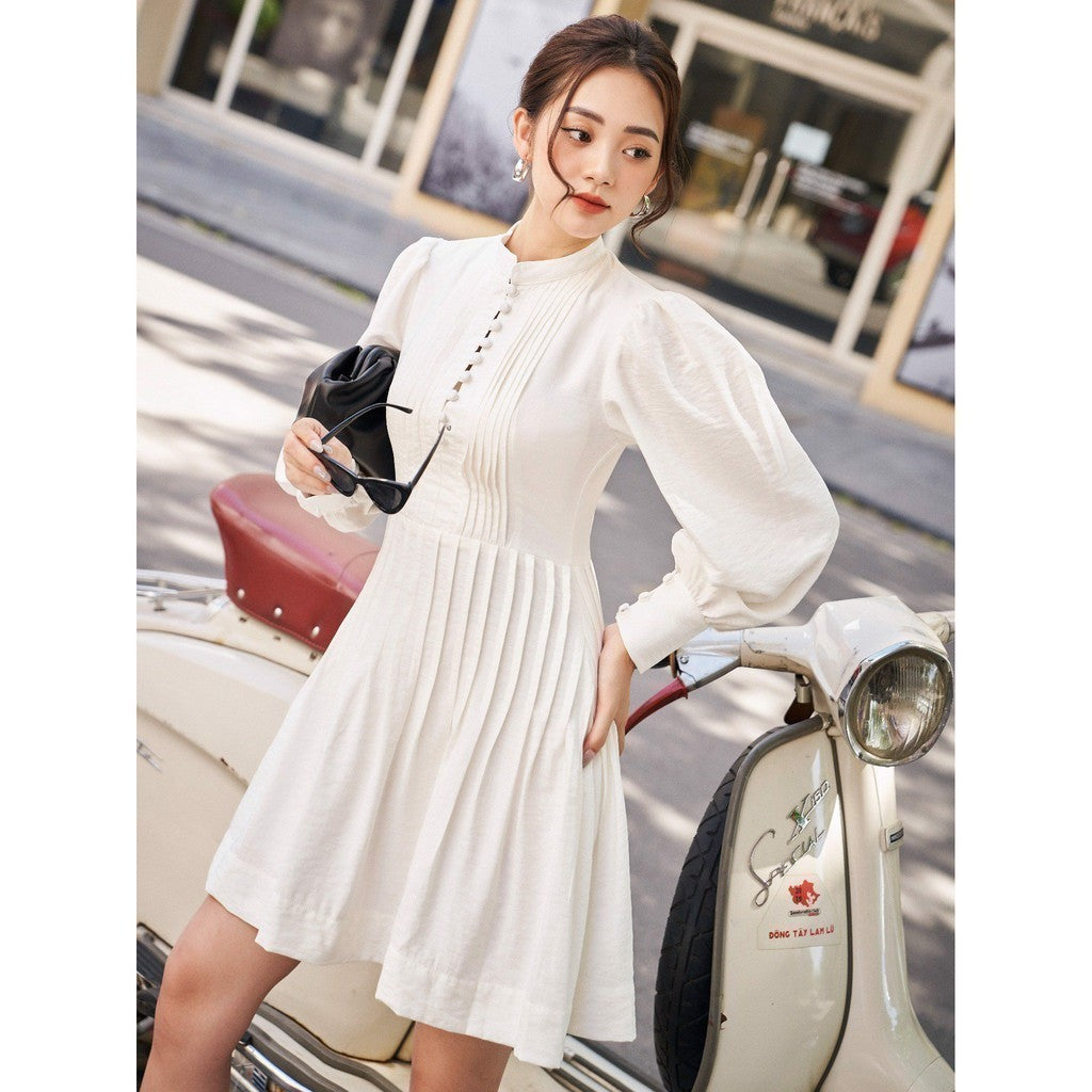 RECHIC White Andera Lady's Dress with round neck, puffy sleeves and pleated waist, cute and smooth