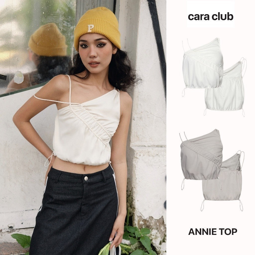 CARA Annie women's off-the-shoulder crop top with drop buttons and drawstring at the waist