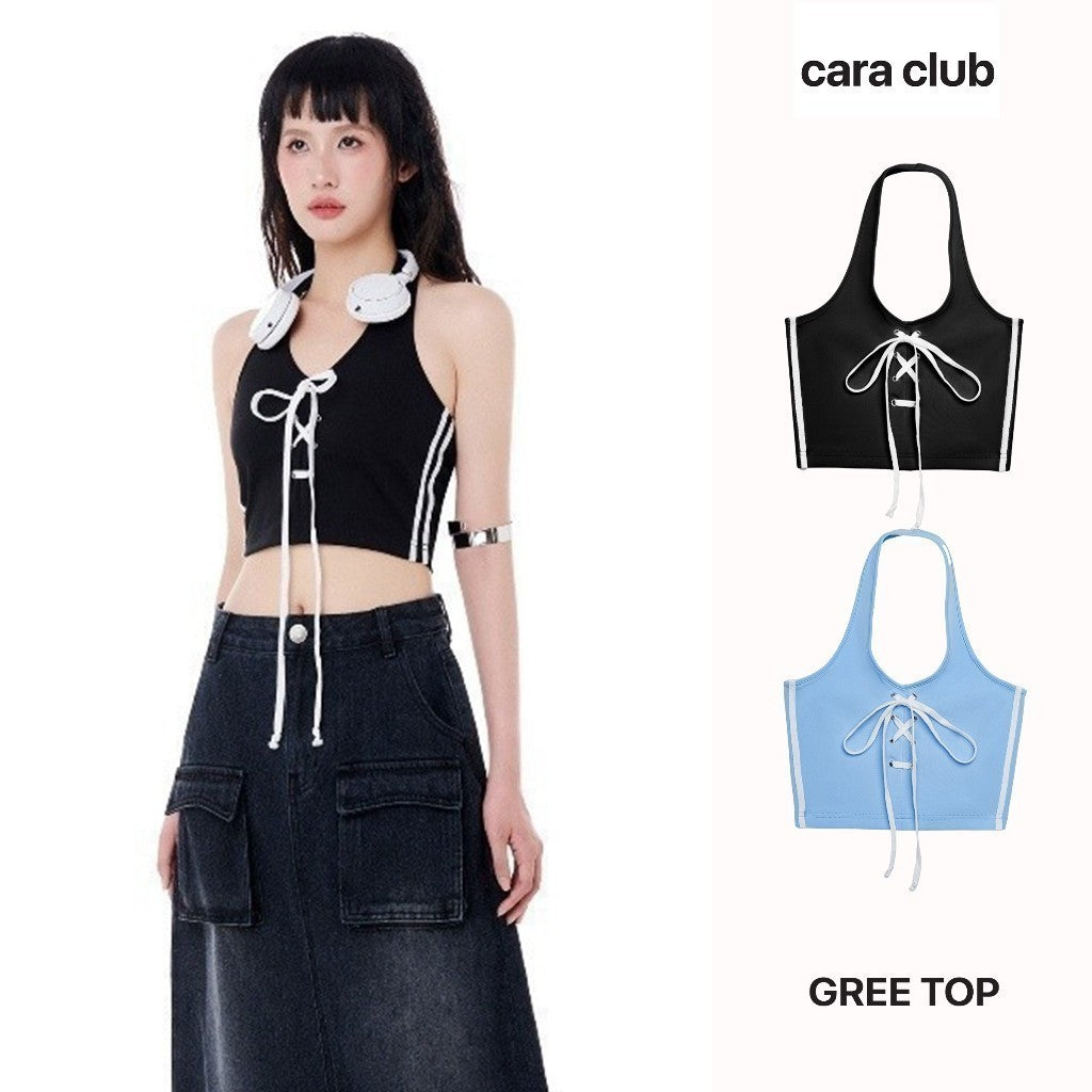 CARA Gree women's turtleneck crop top with dynamic stripes and laces