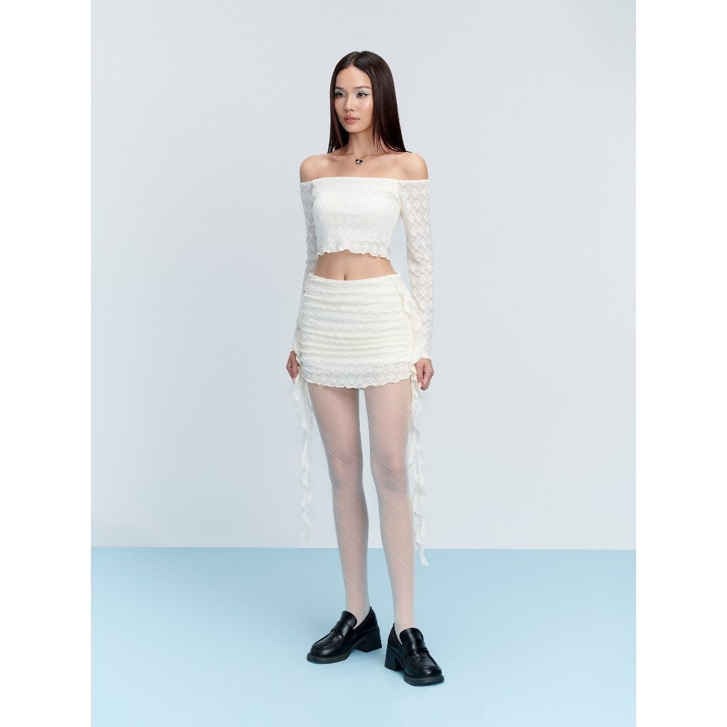 CARA Set of sexy trendy Lilia long-sleeved crop top and fringed short skirt