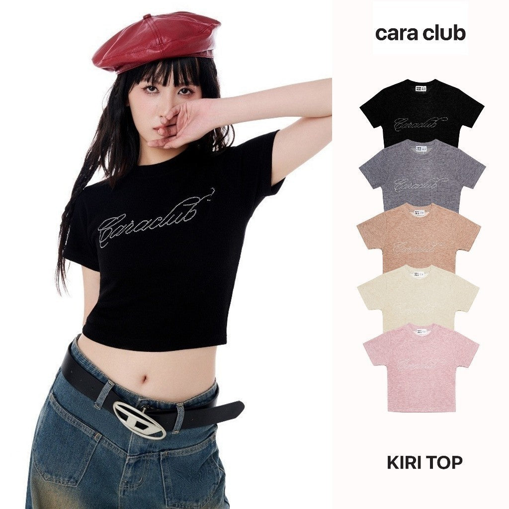 CARA Áo croptop tay ngắn nữ Kiri đính hạt cổ tròn đơn giản