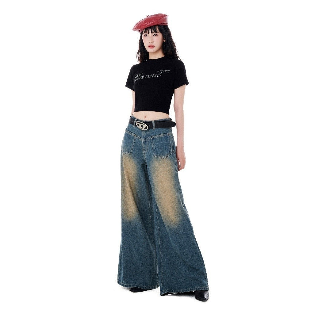 CARA Women's Pull flared long jeans with buttons and 2 unique front pockets