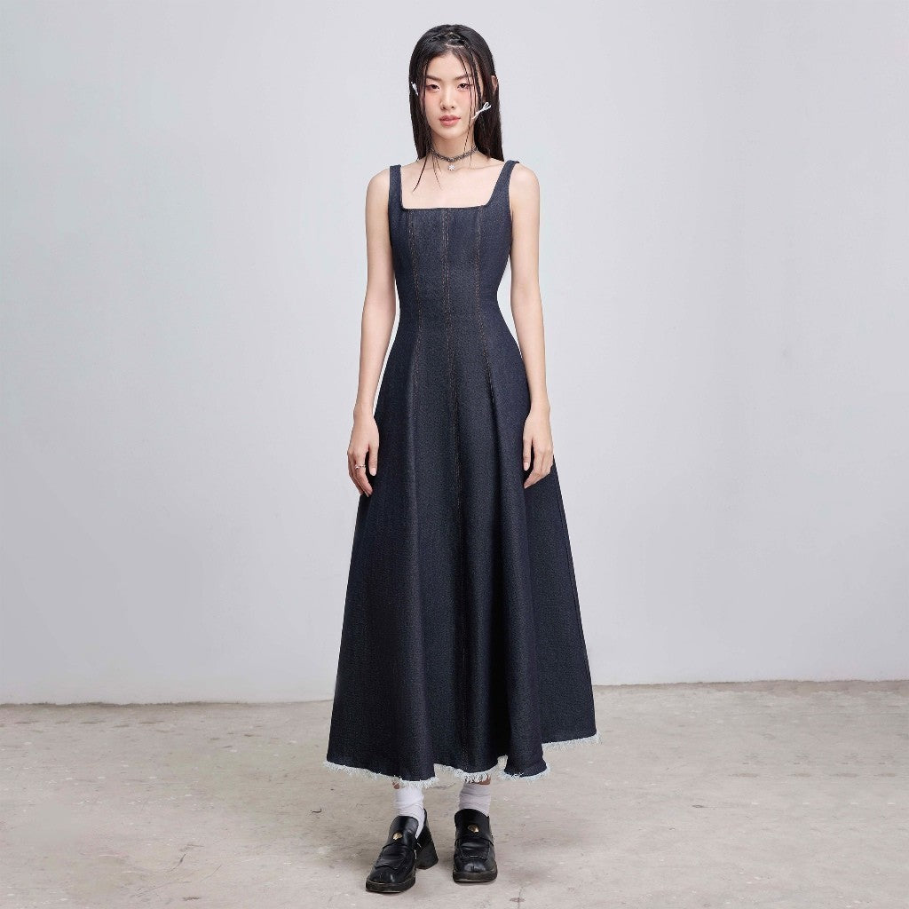 CARA Claire two-strap long jean dress with flared square neck and unique waist