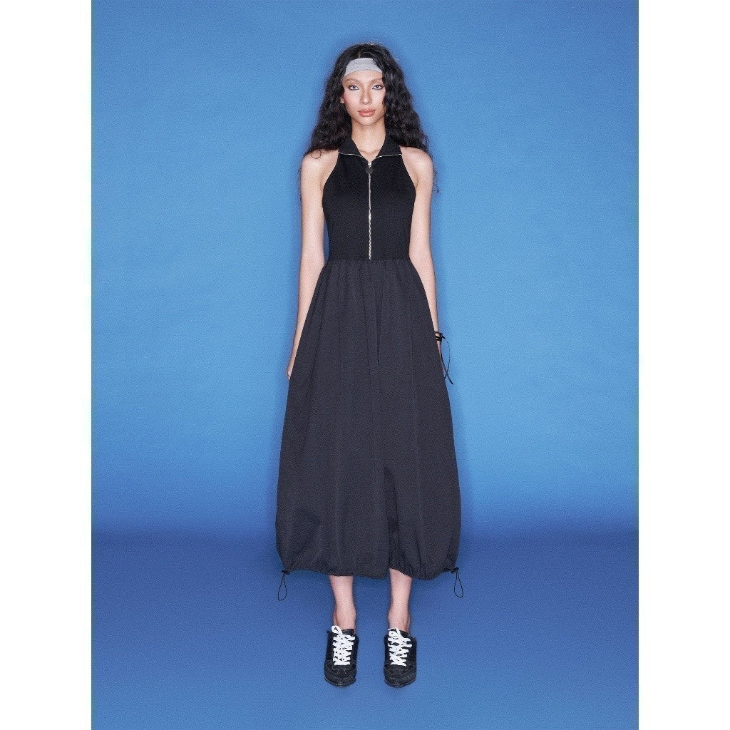 CARA Mina shirt collar long three-hole dress with zipper and drawstring at the end of the skirt