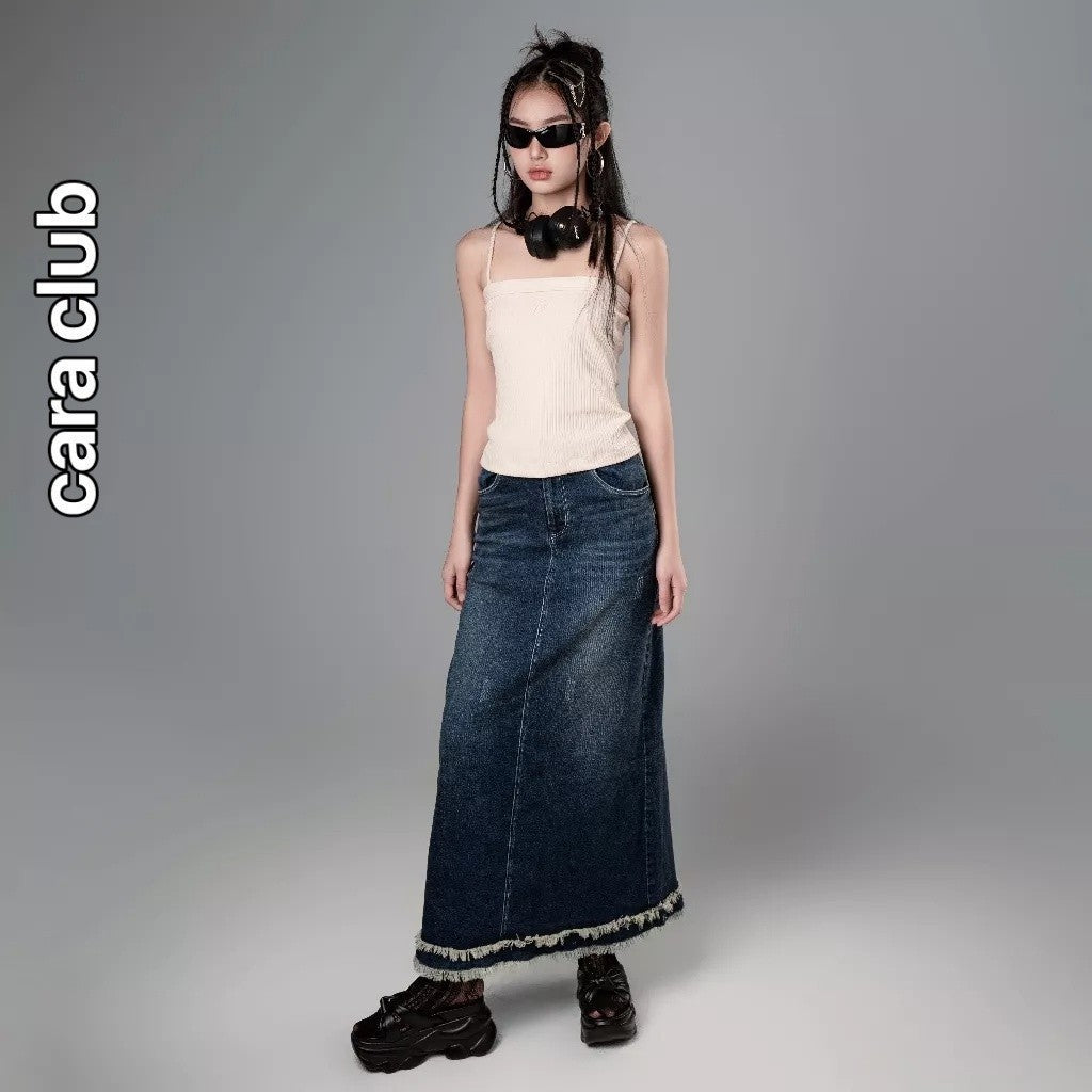 CARA Women's Lotus long skirt made of soft Jean with stylized tiered skirt