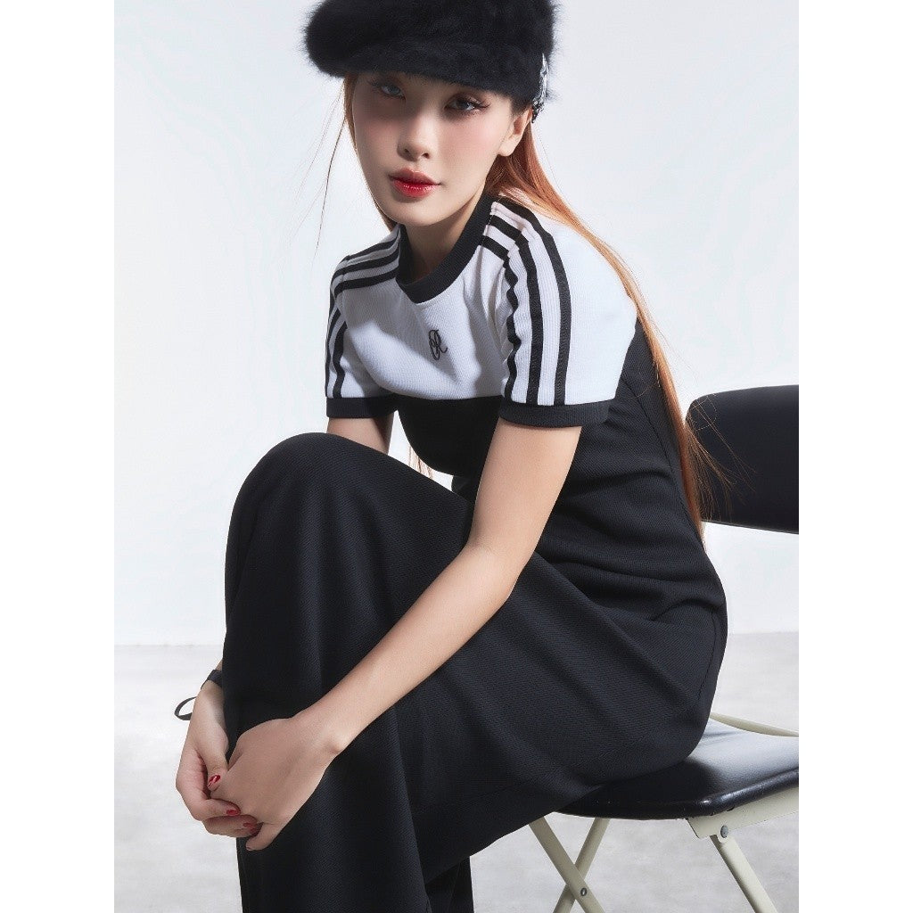 CARA Loona long elastic dress with round neck, short sleeves and black and white stripes