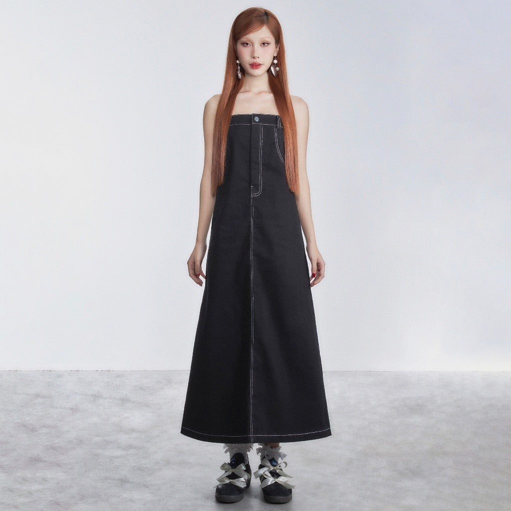 CARA Cargo long tube jean dress with trendy personality and loose shape with back zipper