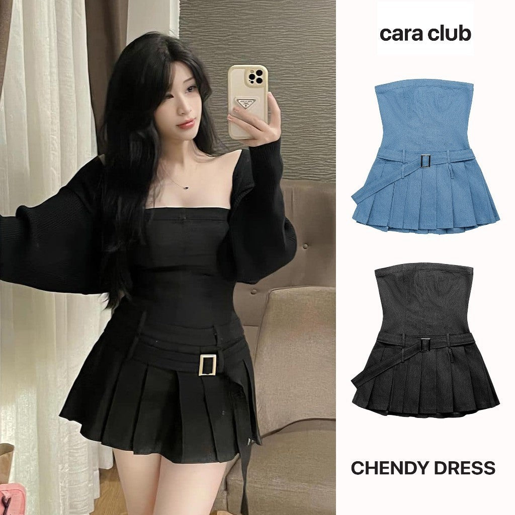 CARA Đầm cúp ngực ngắn nữ Chendy chiết eo xếp ly ở đuôi trendy