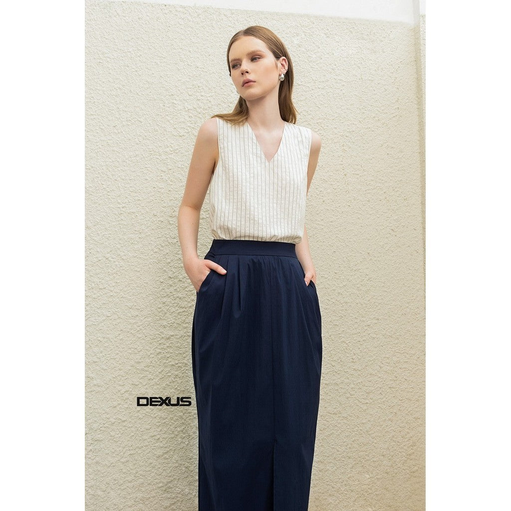 Chân váy bút chì dáng dài nữ   xẻ trước, màu xanh tím than thanh lịch SARILA LONGSKIRT_DXCV150042