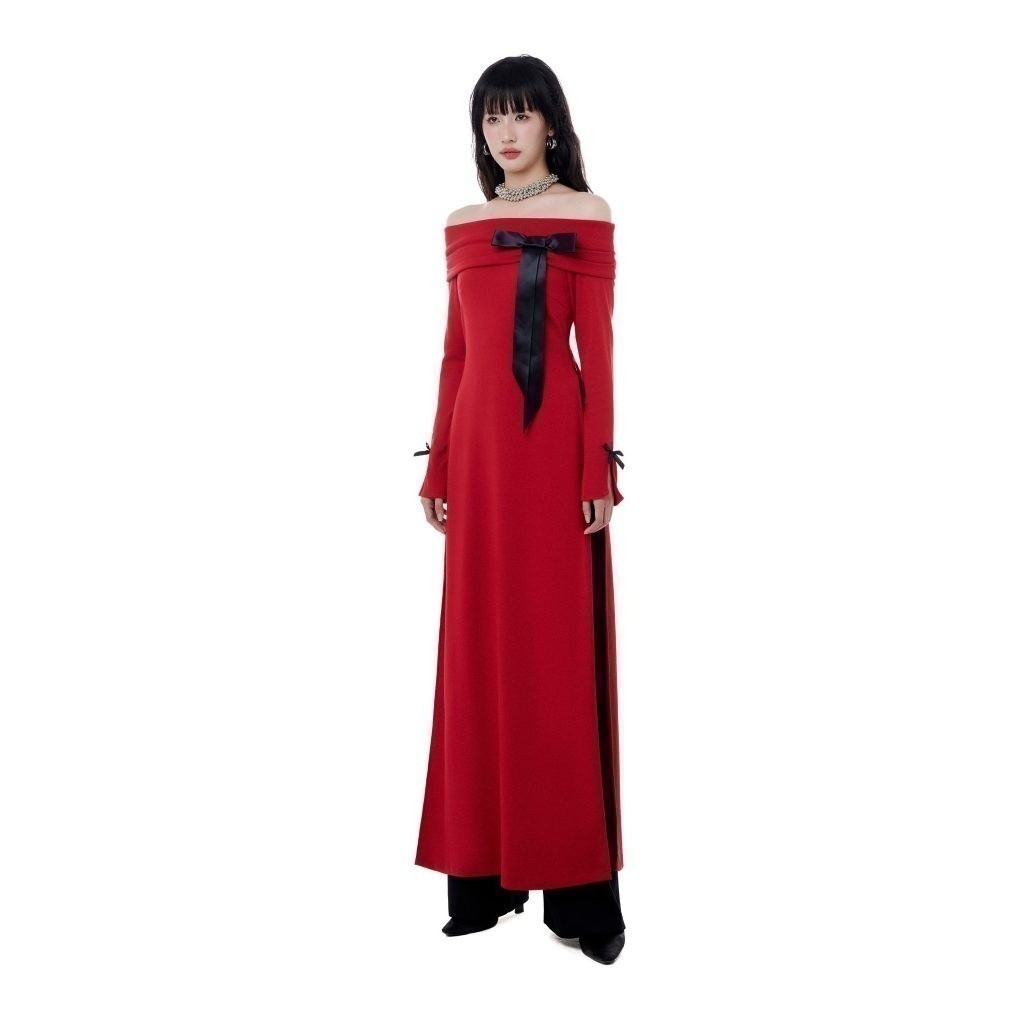 [BUY SHIRT AND GET PANTS] CARA Feminine off-the-shoulder Lunar New Year ao dai with slit sleeves and bows