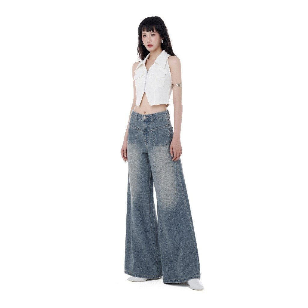 CARA Women's Pull flared long jeans with buttons and 2 unique front pockets