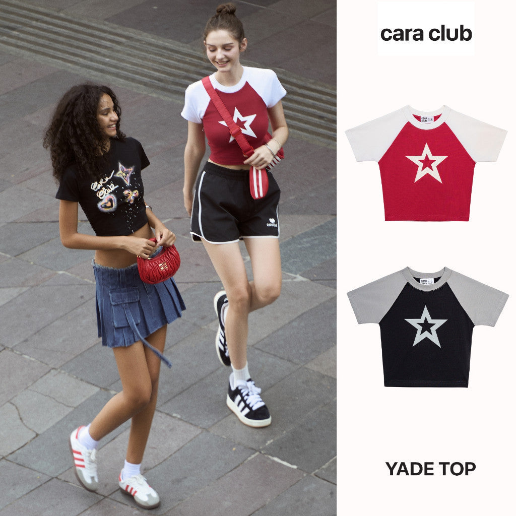 CARA Áo croptop form ôm tay ngắn nữ Yade họa tiết ngôi sao cá tính