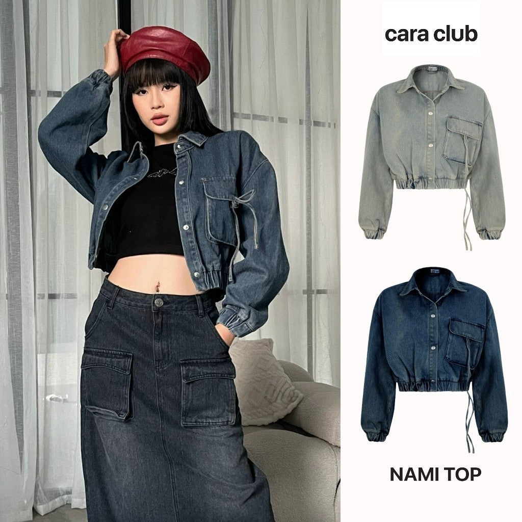 CARA Áo khoác jean croptop tay dài nữ Nami tay bo cá tính