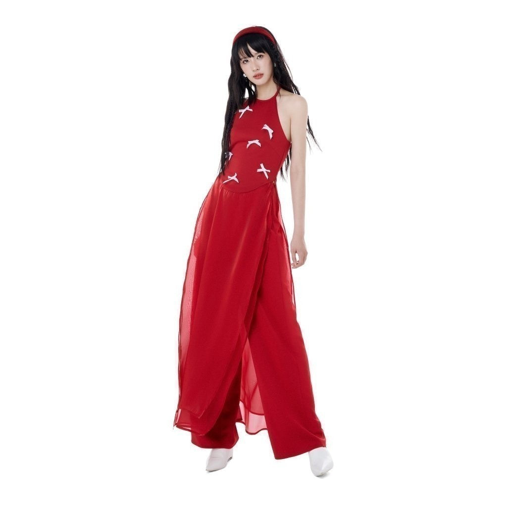 [BUY SHIRT AND GET PANTS] CARA Women's plaited ao dai with plaid collar and bow with organza hem