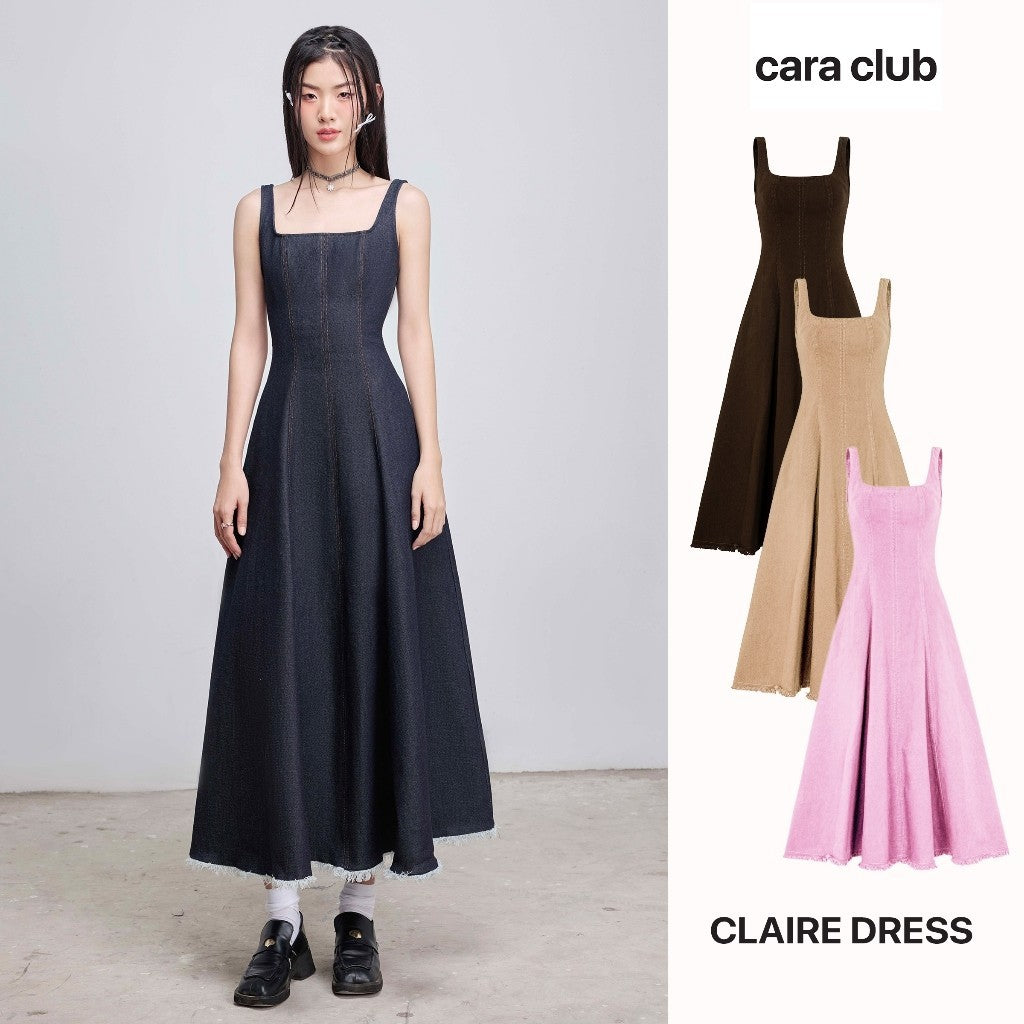 CARA Claire two-strap long jean dress with flared square neck and unique waist