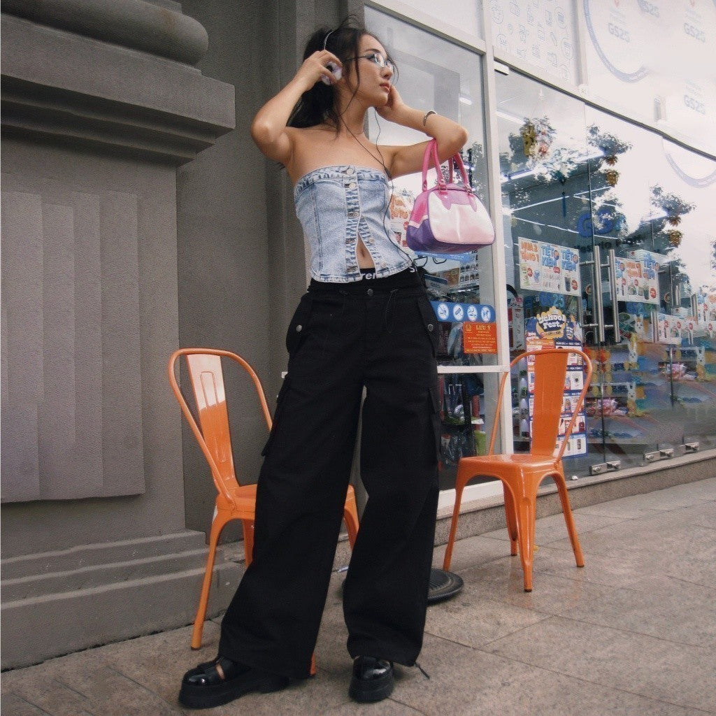 CARA Fafa cargo pants have a unique waist-cinching button