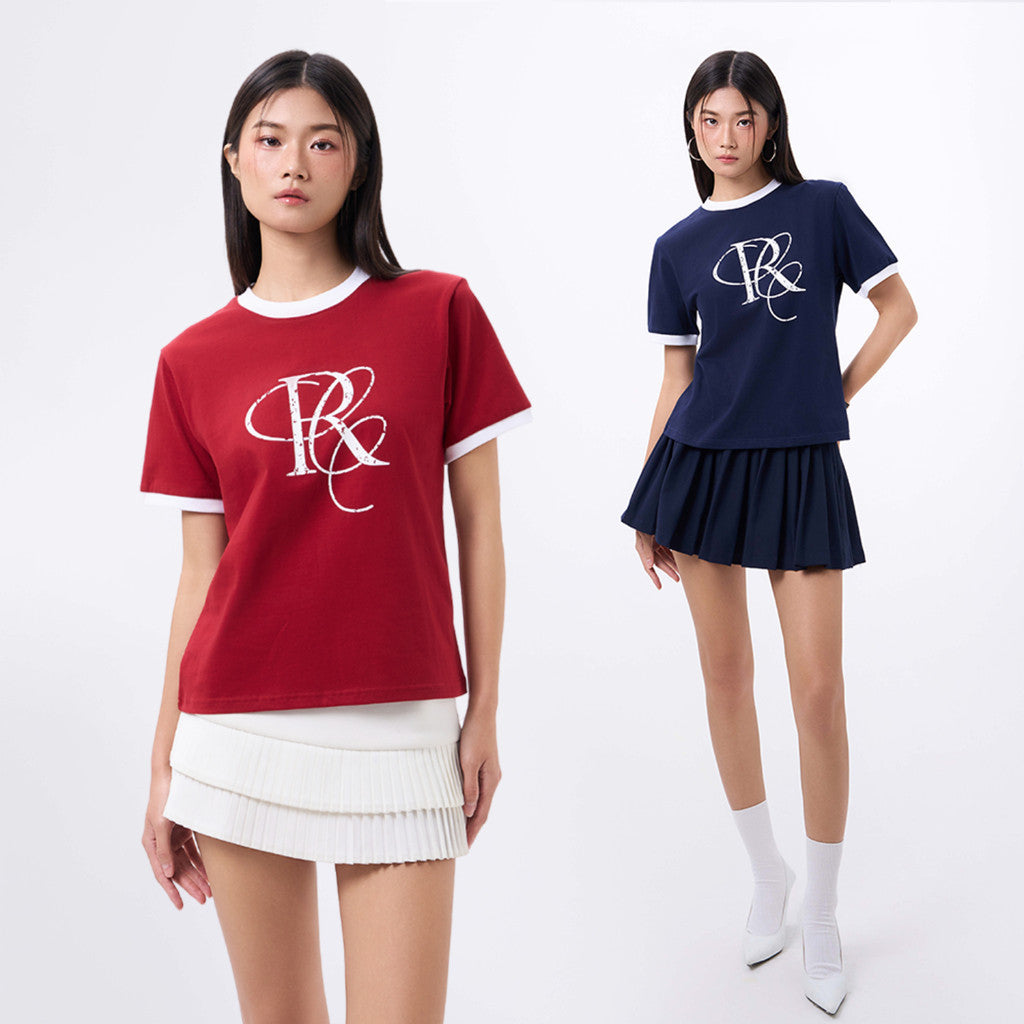 RECHIC Áo thun Lealia tay ngắn cổ tròn chất cotton in logo cách điệu cá tính năng động