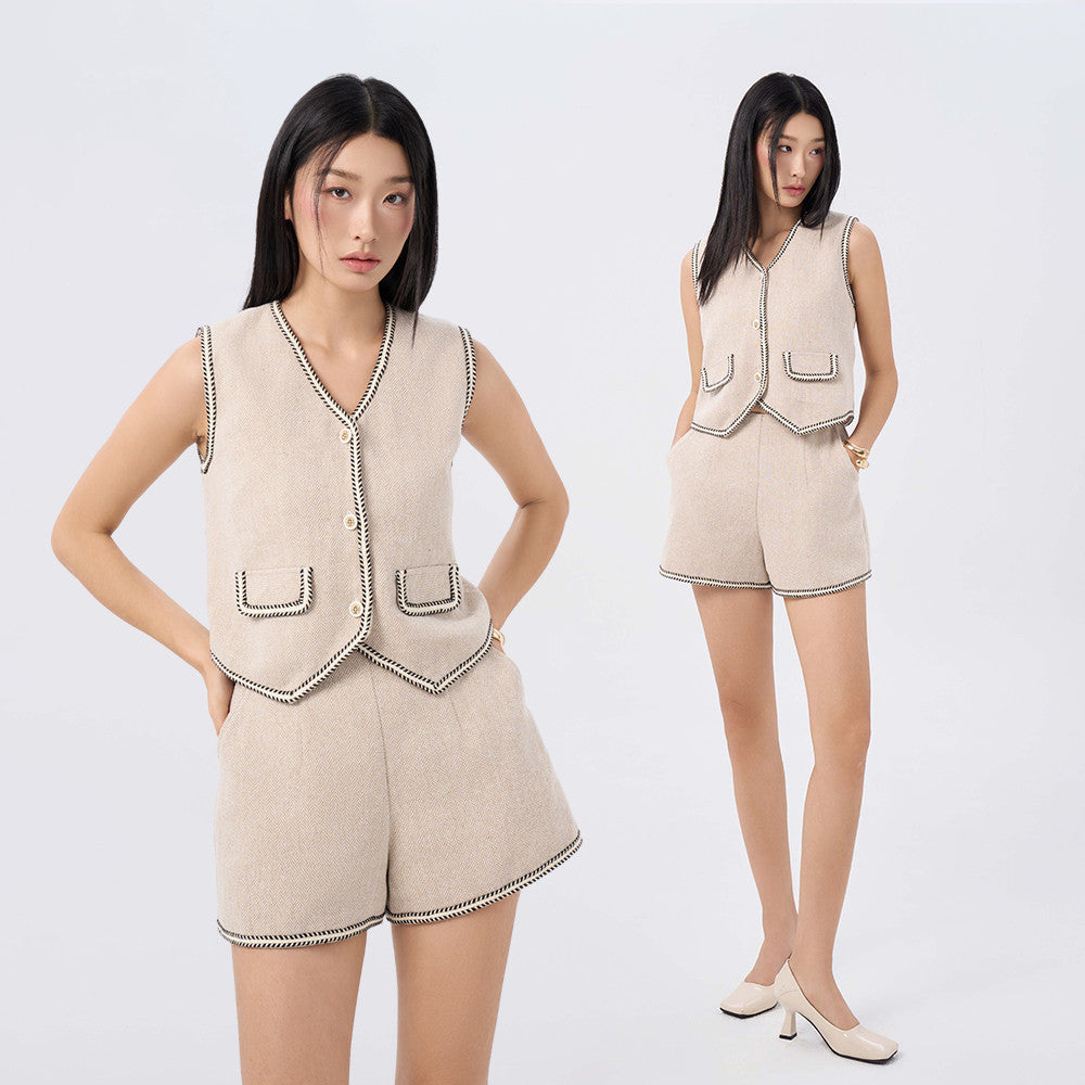 RECHIC Set Caily áo kiểu sát nách và quần short chất bố sang trọng thanh lịch