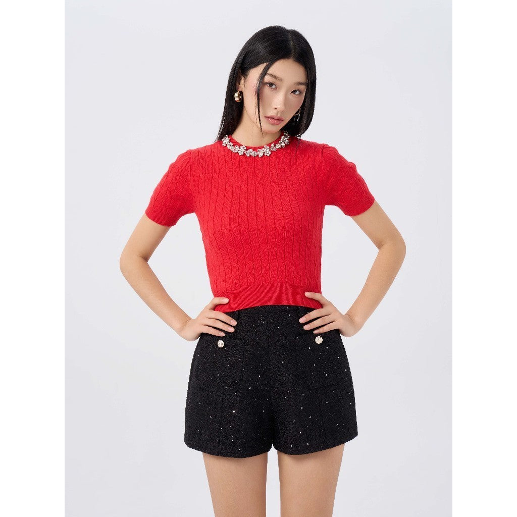 RECHIC Quần short Clyde lưng cao chất tweed sang trọng thanh lịch cao cấp