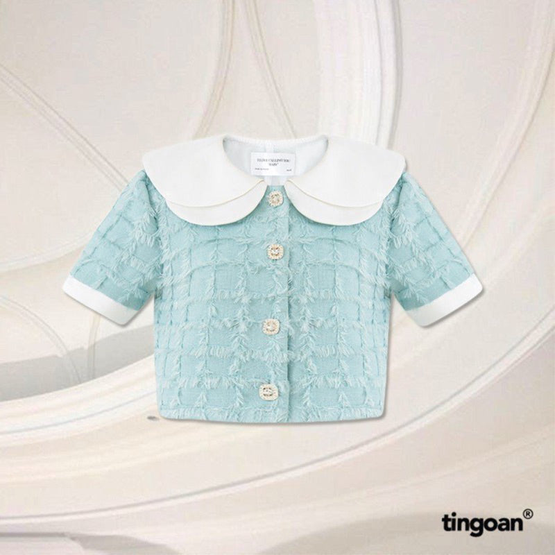 TINGOAN® - Short-sleeved tweed crop top with blue plaid ruffle collar and stone buttons MY BEIBI TWEED TOP/BLUE