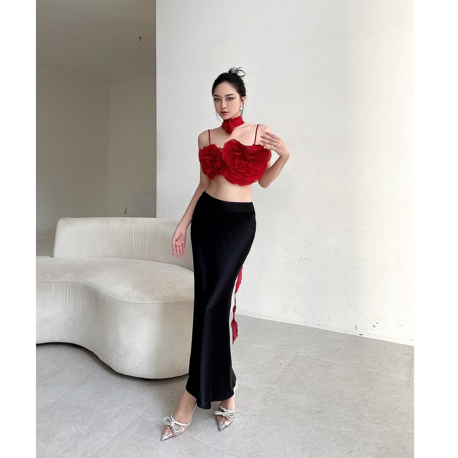 Red Poppy Strapless Top with Floral String LSEOUL A23032666 + Silk Fishtail Skirt CV23030632 