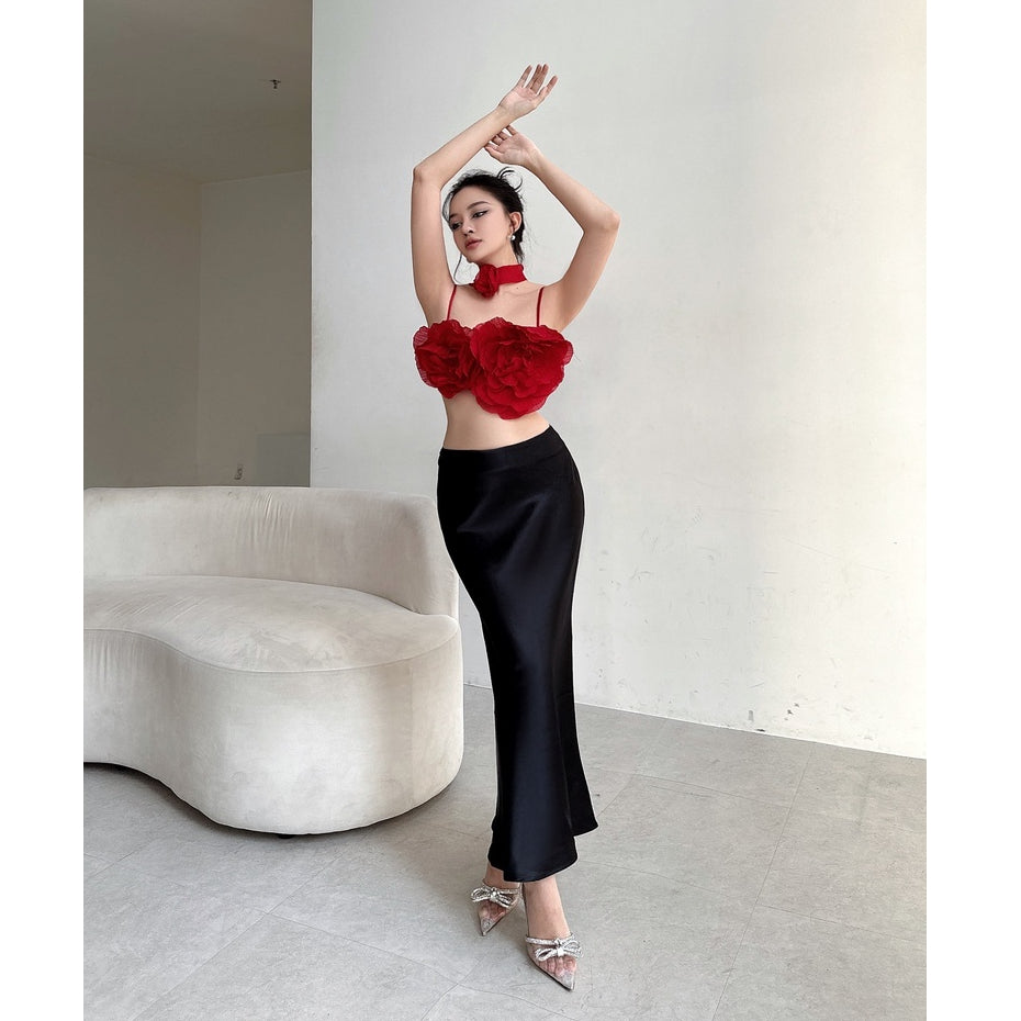 Red Poppy Strapless Top with Floral String LSEOUL A23032666 + Silk Fishtail Skirt CV23030632 