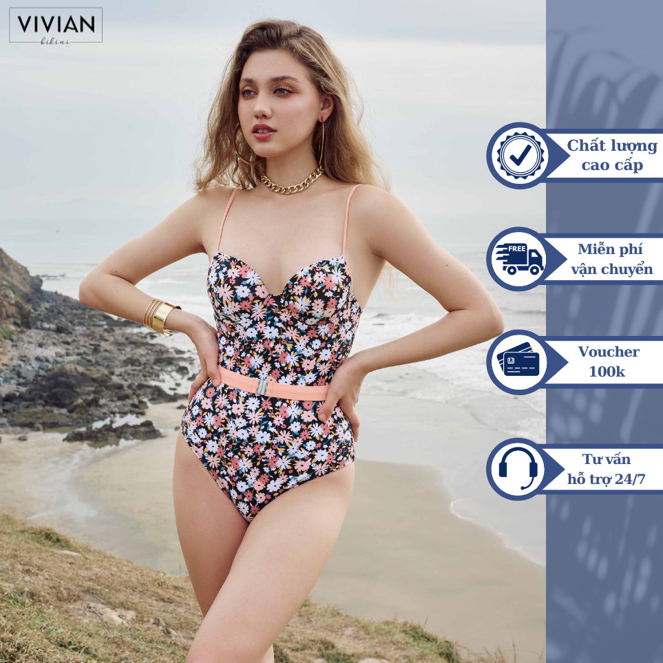 High-quality women's one-piece swimsuit with horizontal cups and stylized waist - Floral color - VS088_FLO