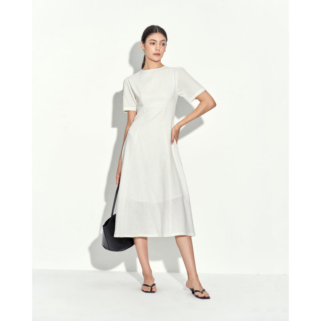 Linen Dress Elegant Design 2 Layers Flared Waist Lightweight Puff Sleeves Muse Dress | 3787 | Lana Official