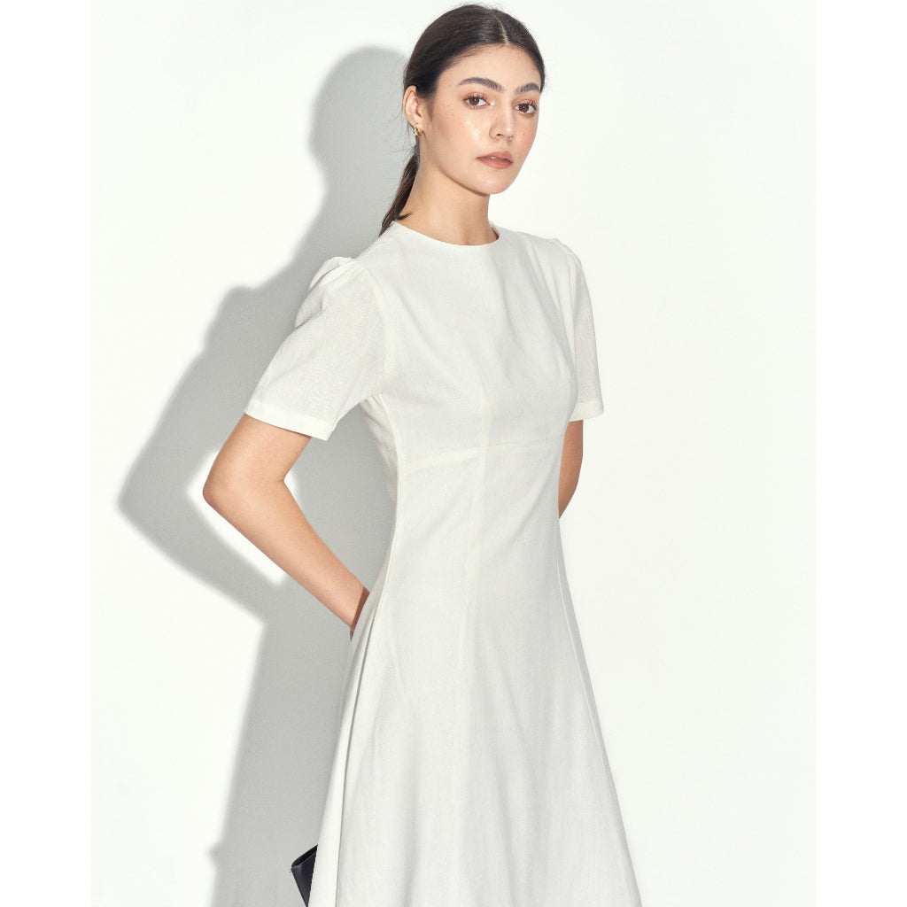 Linen Dress Elegant Design 2 Layers Flared Waist Lightweight Puff Sleeves Muse Dress | 3787 | Lana Official