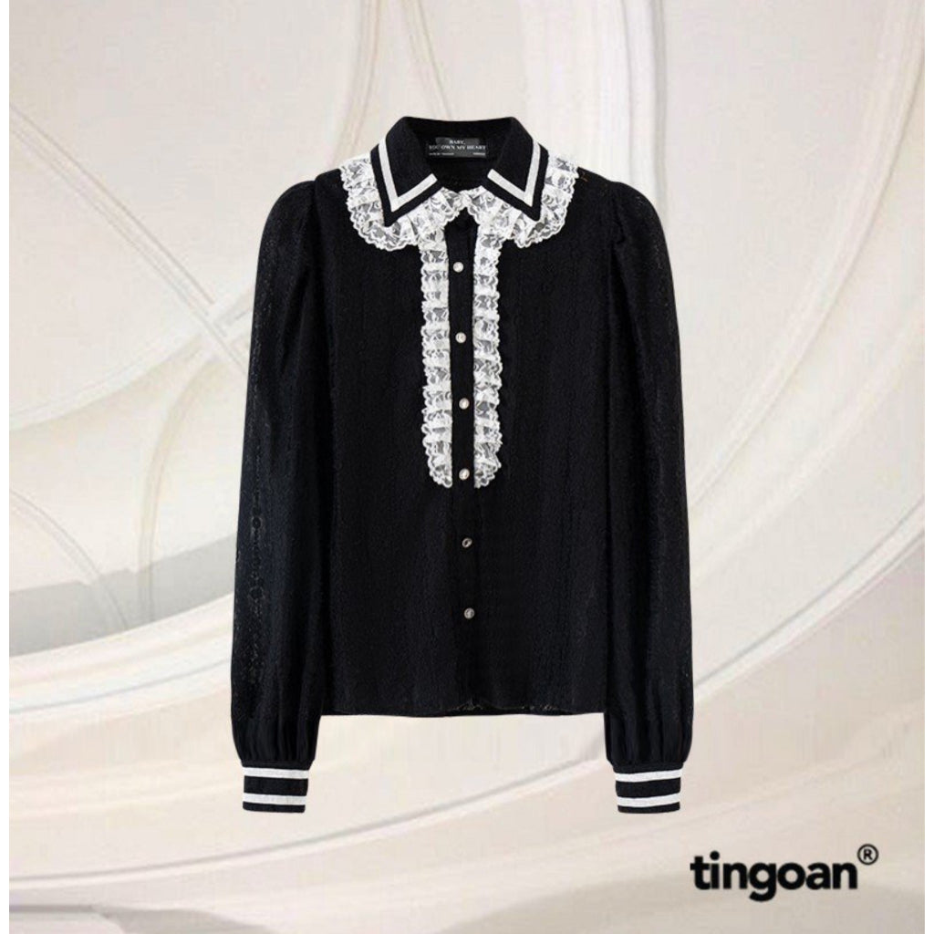 TINGOAN® - Black long-sleeved shirt with velvet trim and lace collar NI NI BLOUSE/BL