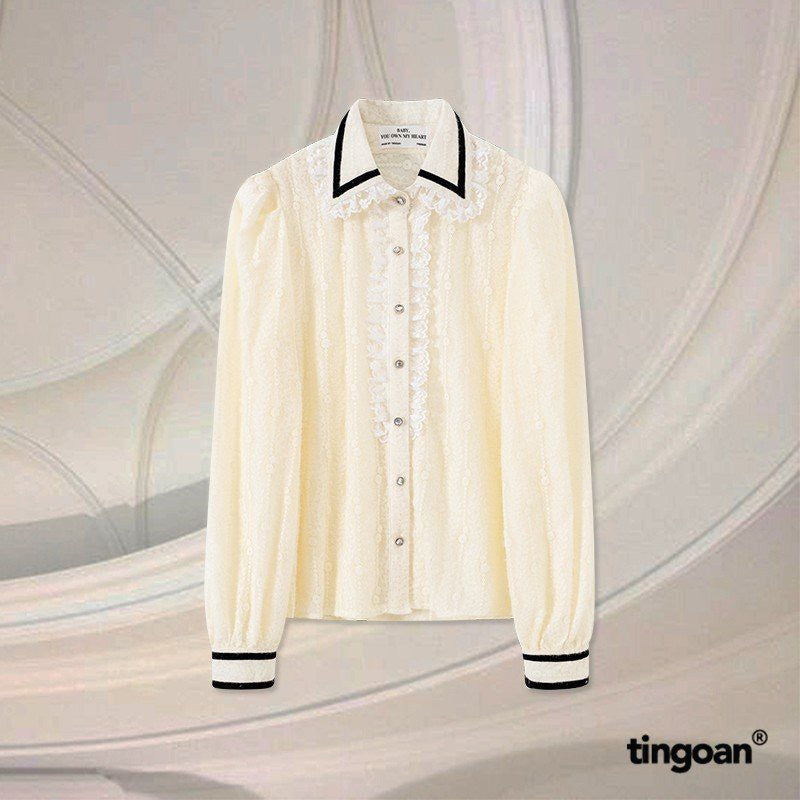 TINGOAN® - Ruffled nude long-sleeved shirt with velvet trim and lace collar NI NI BLOUSE/ND