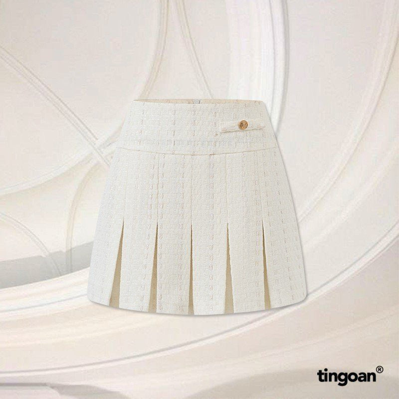 TINGOAN® - White tweed pleated skirt with low waist and bias buttons CHERRY CHAMPAGNE SKIRT/WH