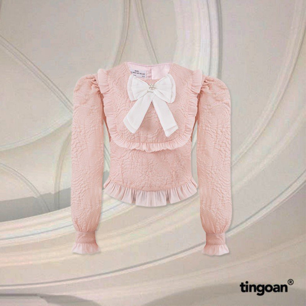 TINGOAN® - Pink round neck shirt with bow and jade buttons CANDY YUMYUM TOP/PK