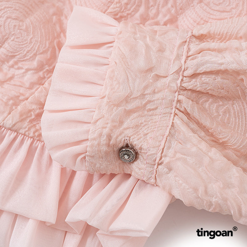 TINGOAN® - Pink round neck shirt with bow and jade buttons CANDY YUMYUM TOP/PK