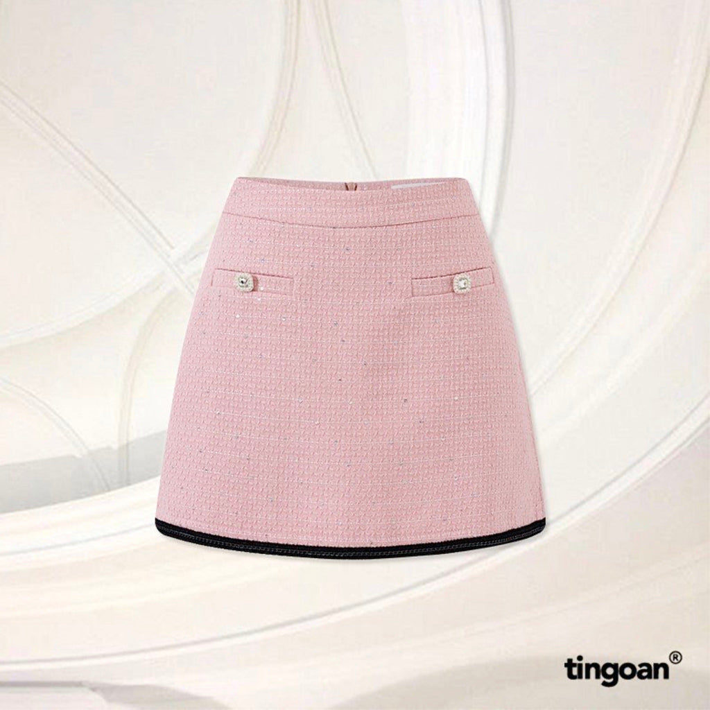 TINGOAN® - High-waisted pink tweed skirt with chain-braided hem and jade buttons CRYSTAL LADY SKIRT/PK